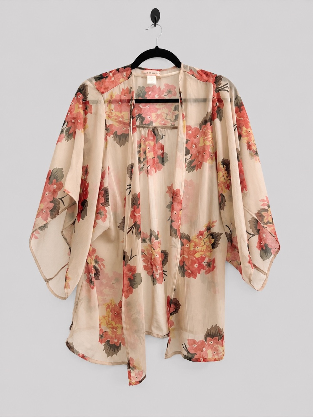 Band of Gypsies Sheer Floral Kimono in Beige with Coral and Green